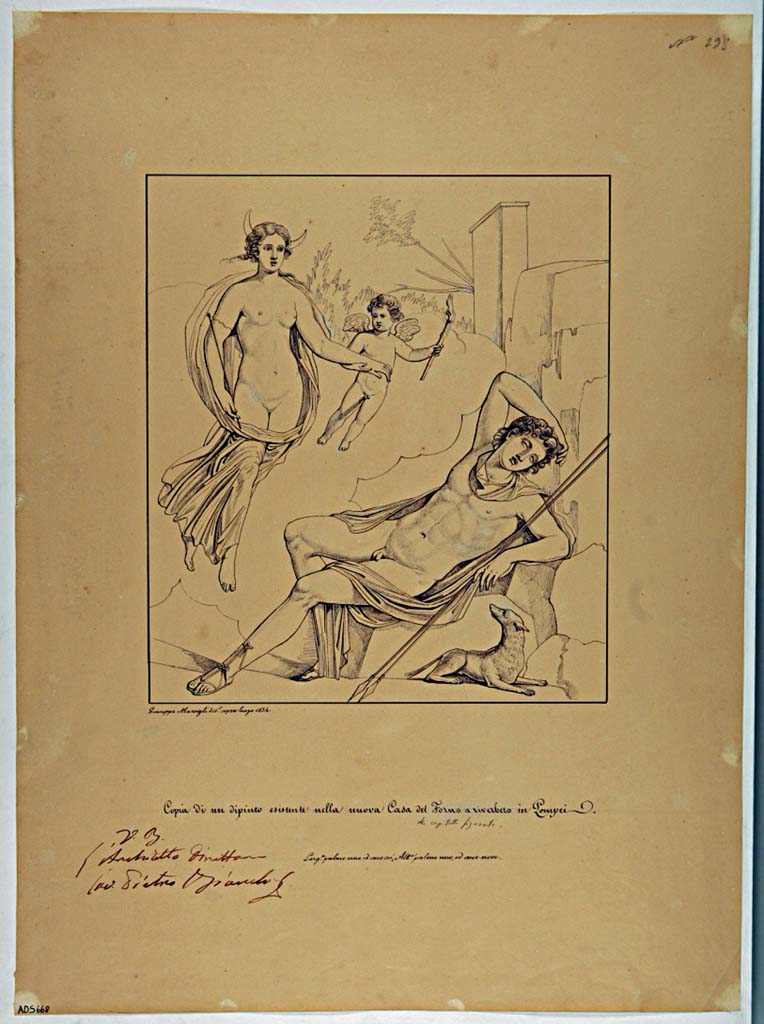 VII.4.29 Pompeii. Drawing of Selene and Endymion by Giuseppe Marsigli, 1834, written below was
“Copy of a painting existing in the new Casa del Forno a riverbero in Pompeii (corrected to “in the capitelli figurati”)’.
The house of the figured capitals is the house at the rear of this one and is linked to it.
Now in Naples Archaeological Museum. Inventory number ADS 668.
Photo © ICCD. https://www.catalogo.beniculturali.it/
Utilizzabili alle condizioni della licenza Attribuzione - Non commerciale - Condividi allo stesso modo 2.5 Italia (CC BY-NC-SA 2.5 IT)