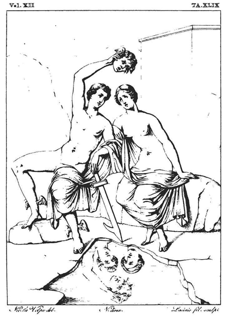 VII.4.29 Pompeii. 1839 drawing by Nicola la Volpe of painting of Perseus and Andromeda, now faded and lost.
Found in the same room as Selene and Endymion, and according to Fiorelli, there was also a painting of The Three Graces.
See Real Museo Borbonico XII, 1839, Tav. XLIX.
See Helbig, W., 1868. Wandgemälde der vom Vesuv verschütteten Städte Campaniens. Leipzig: Breitkopf und Härtel, 1194.
See Carratelli, G. P., 1990-2003. Pompei: Pitture e Mosaici: Vol. VI. Roma: Istituto della enciclopedia italiana, p. 994.