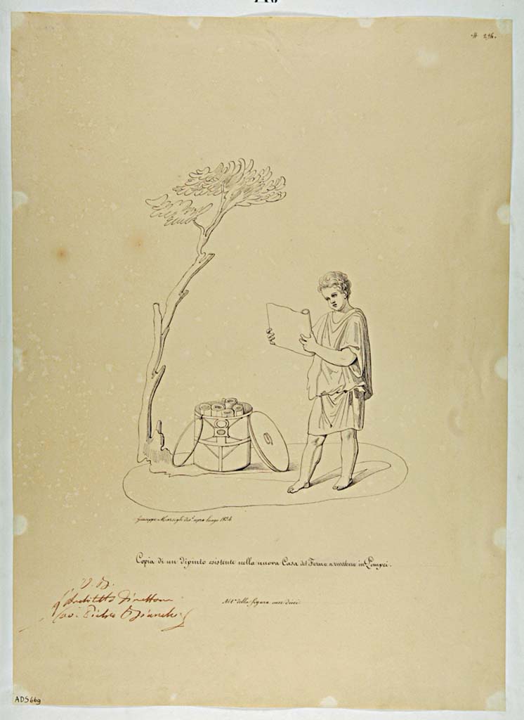 VII.4.29 Pompeii. Drawing by Giuseppe Marsigli, 1834, of boy opening a scroll with round box of scrolls at his feet.
Copy of a painting existing in the new Casa del Forno a riverbero in Pompeii. (Helbig 1419).
Now in Naples Archaeological Museum. Inventory number ADS 669.
Photo © ICCD. https://www.catalogo.beniculturali.it/
Utilizzabili alle condizioni della licenza Attribuzione - Non commerciale - Condividi allo stesso modo 2.5 Italia (CC BY-NC-SA 2.5 IT)
See Helbig, W., 1868. Wandgemälde der vom Vesuv verschütteten Städte Campaniens. Leipzig: Breitkopf und Härtel, 1419.