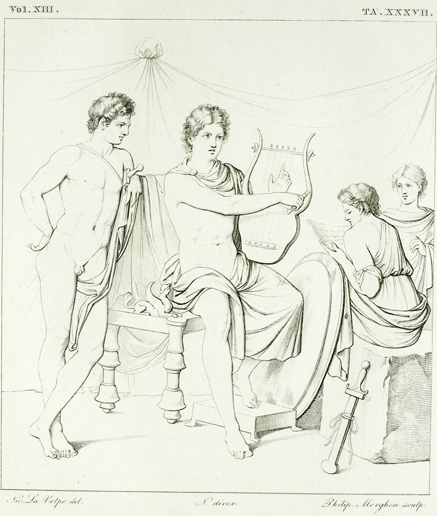 VII.4.31/51 Pompeii. Room 29, mythological painting by La Volpe, from north wall, now completely lost.
According to Bechi in RMB this may be Achilles playing the lyre, with Patroclus leaning on the throne, with the two young girls Diomedea of Lesbos, Achilles' favorite slave, and Ifi of Skyros, dear and beloved to Patroclus..
See Real Museo Borbonico, vol. XIII, (1843), Tav. XXXVII.
See Carratelli, G. P., 1990-2003. Pompei: Pitture e Mosaici. Vol. 6, (VI). Roma: Istituto della enciclopedia italiana, p. 1081.