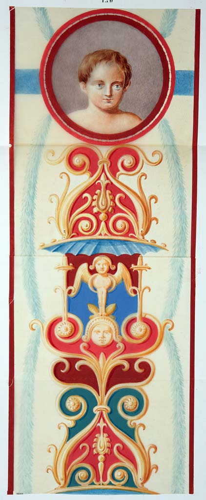 VII.4.31/51 Pompeii (also entered at VII.1.25).
Room 29, apsidal exedra. Anonymous painting of decorative motifs.
According to the ICCD scheda –
La tempera raffigura un candelabro grottesco costituito da delfini accoppiati desinenti in volute, da una sfinge appoggiata ad un "gorgoneìon" e da un medaglione con un busto-ritratto di un bambino. La tempera raffigura un particolare della decorazione pittorica parietale in IV stile dell'esedra 31 della Casa dei Capitelli colorati a Pompei (VII.4.31), rimasta in situ ma in cattivo stato di conservazione. Si vedano la tempera e l'acquerello inventariati ADS 610-611 di cui il soggetto fa parte.
(The painting depicts a grotesque candelabrum consisting of dolphins coupled in volutes, a sphinx leaning on a “gorgon” and a medallion with a portrait-bust of a child. The painting depicts a detail of the wall decoration in the IV style of Exedra 31 of the House of the Coloured Capitals in Pompeii (VII.4.31), still in situ but in a poor state of conservation. See the painting and watercolour inventoried ADS 610-611 of which the subject is part.)
This was seen on the right of the painting of a priestess receiving the offerings from a maid to deposit upon the altar, on the north wall of the apsed room, the vertical band with grotesque candelabra is still conserved.
Now in Naples Archaeological Museum. Inventory number ADS 612.
Photo © ICCD. https://www.catalogo.beniculturali.it/
Utilizzabili alle condizioni della licenza Attribuzione - Non commerciale - Condividi allo stesso modo 2.5 Italia (CC BY-NC-SA 2.5 IT)
According to Niccolini and Gell, this was from Strada Stabiana casa numero 57, VII.1.25.