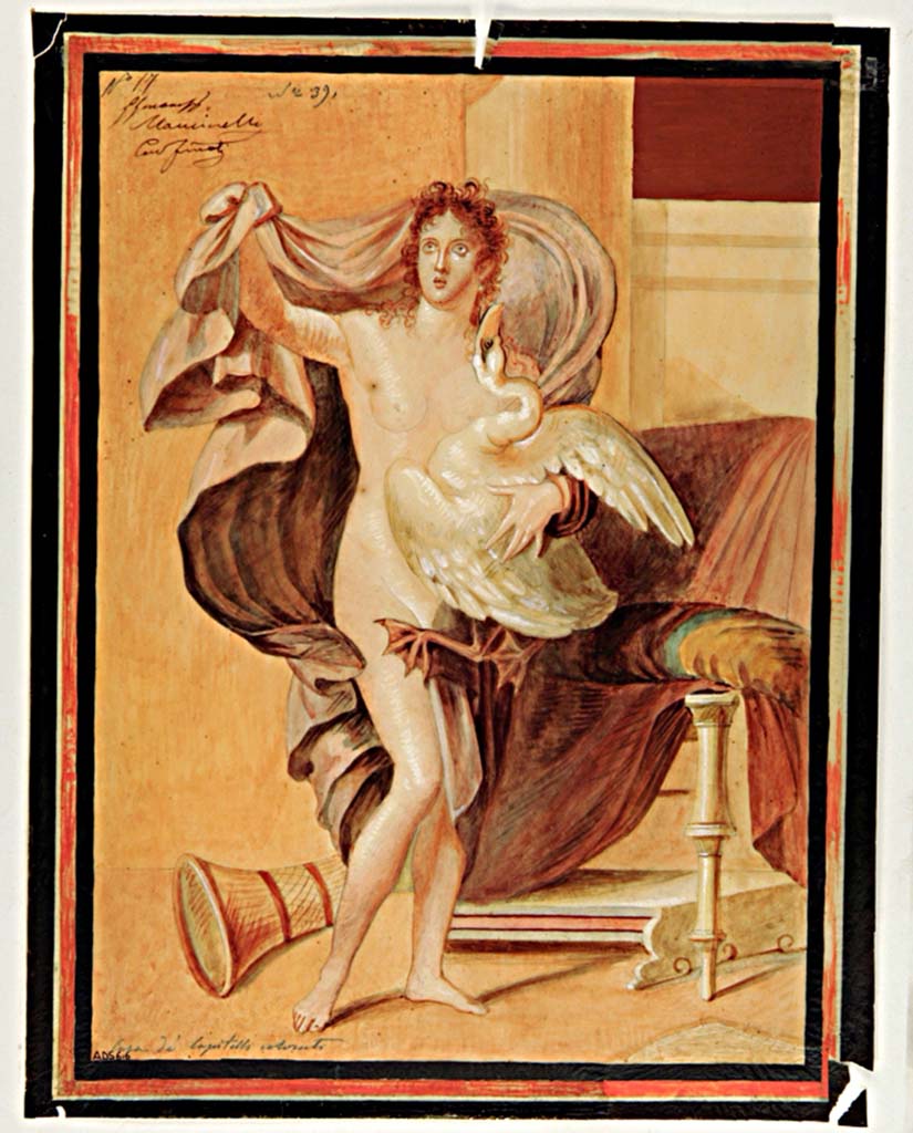 VII.4.31/51 Pompeii. First half of 19th century copy of painting of Leda and the Swan by Giuseppe Marsigli from east wall of apsidal exedra, room 29.
Now in Naples Archaeological Museum. Inventory number ADS 616.
Photo © ICCD. http://www.catalogo.beniculturali.it
Utilizzabili alle condizioni della licenza
