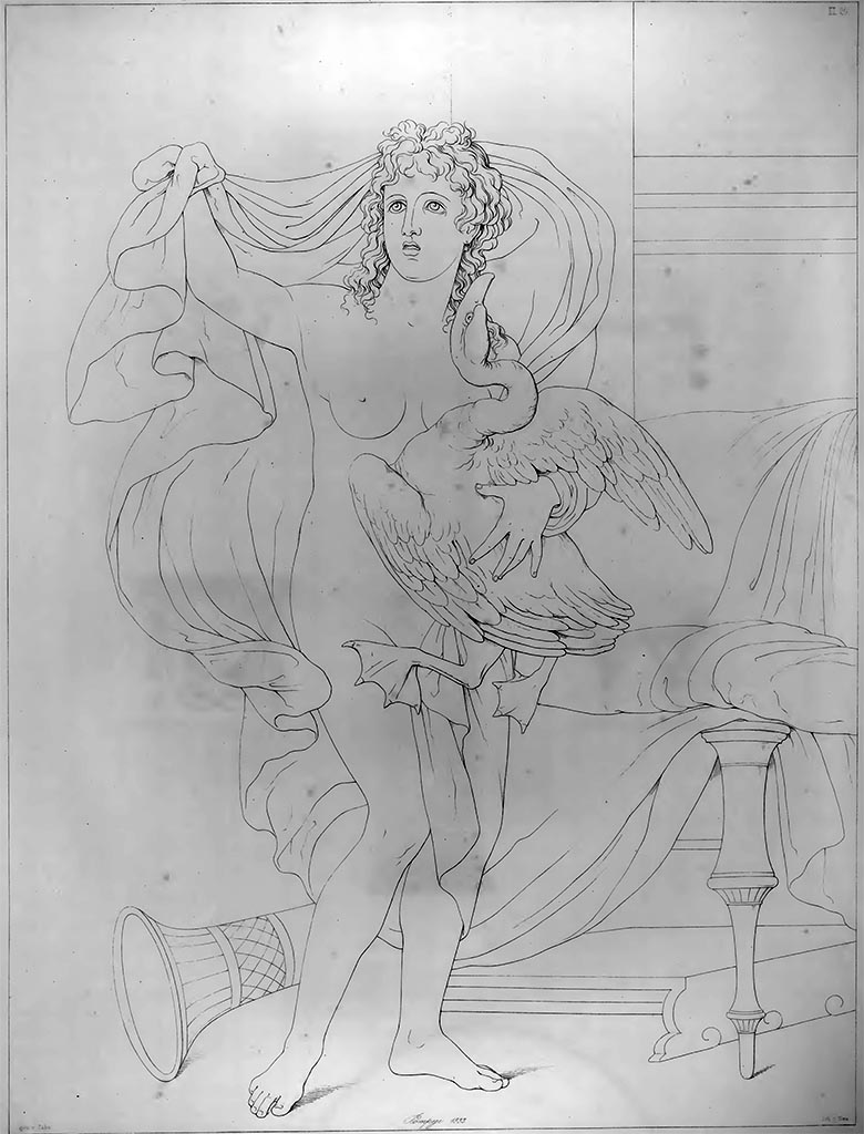 VII.4.31/51 Pompeii. 1833/34.
Room 29, Leda and the Swan, drawing by Zahn of painting on east wall.
See Zahn, W., 1842-44. Die schönsten Ornamente und merkwürdigsten Gemälde aus Pompeji, Herkulanum und Stabiae: II. Berlin: Reimer, (pl.20).