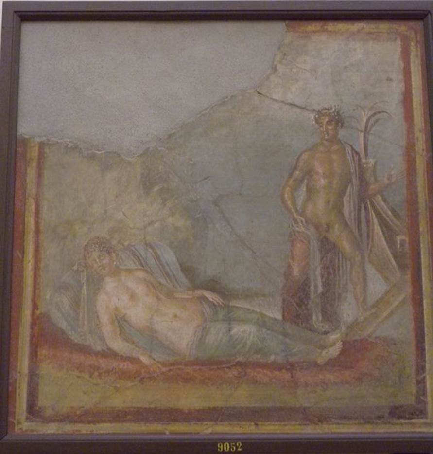 VII.4.31 Pompeii. March 2009. Room 31, wall painting of Theseus abandoning Ariadne. Theseus is looking at the sleeping Ariadne who is on the beach on a bed of seaweed.
His foot is on the plank of the ship that will take him to Athens. See Helbig, W., 1868. Wandgemälde der vom Vesuv verschütteten Städte Campaniens. Leipzig: Breitkopf und Härtel. (1217). Now in Naples Archaeological Museum. Inventory number 9052.