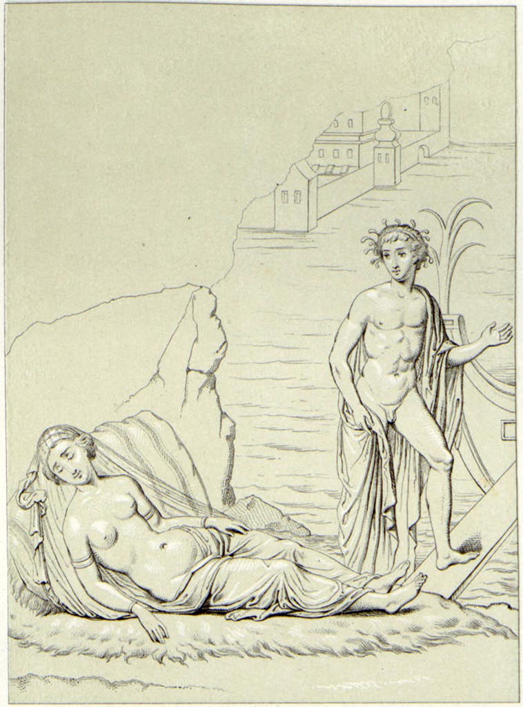VII.4.31/51 Pompeii.
Room 31, north wall, drawing by Abbate of wall painting of Theseus and Ariadne.
See Niccolini F, 1854. Le case ed i monumenti di Pompei: Volume Primo. Napoli, (Casa dei Capitelli Colorati, Tav. III).