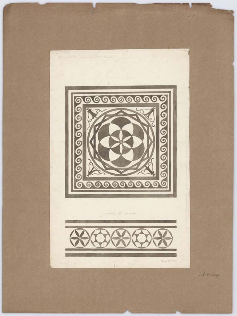 VII.4.31/51 Pompeii. 13th October 1849. Room 31, detail of central emblema (top), drawing by Laurits Albert Winstrup.
Photo © Danmarks Kunstbibliotek, inventory number ark_6113.
(Note: the threshold (lower photo) seems to be entitled “In the house 1 Strada di Mercurio”.)
