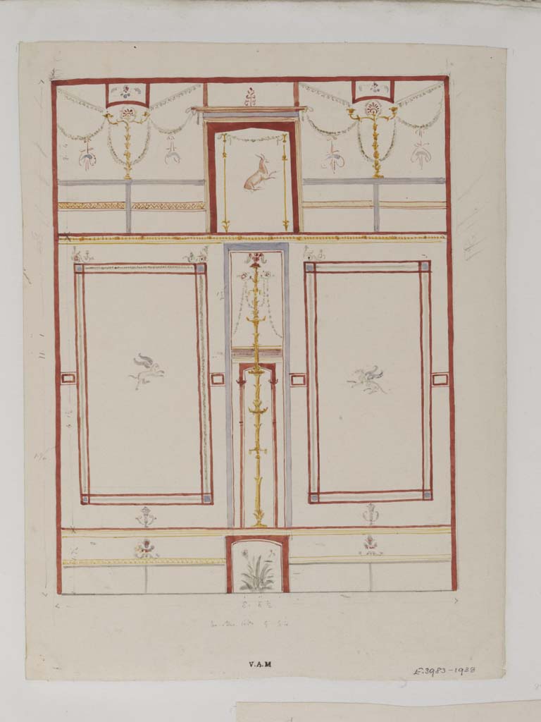 VII.4.31/51 Pompeii. c.1840. Watercolour painting by James William Wild, looking towards west wall of cubiculum 33.
Photo © Victoria and Albert Museum, inventory number E.3983-1938.