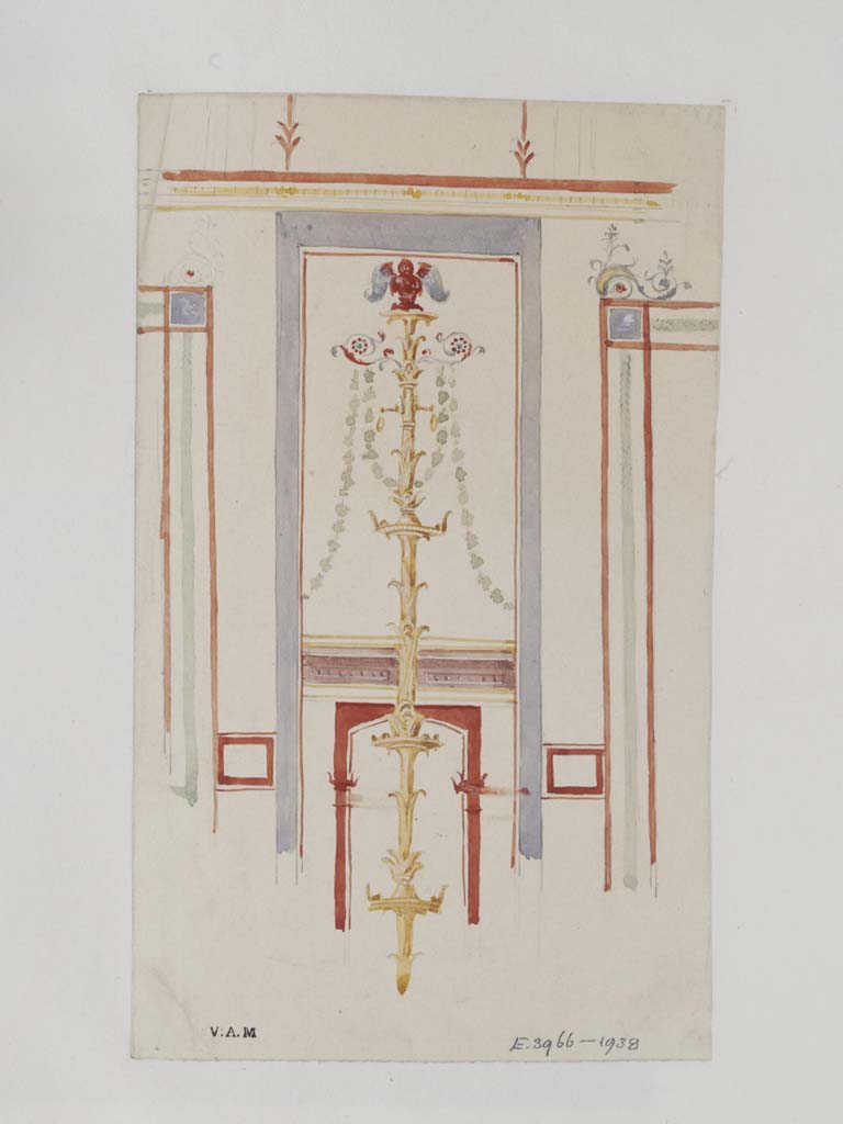 VII.4.31/51 Pompeii. c.1840. Watercolour painting by James William Wild, showing detail from west wall of cubiculum 33.
Photo © Victoria and Albert Museum, inventory number E.3966-1938.
