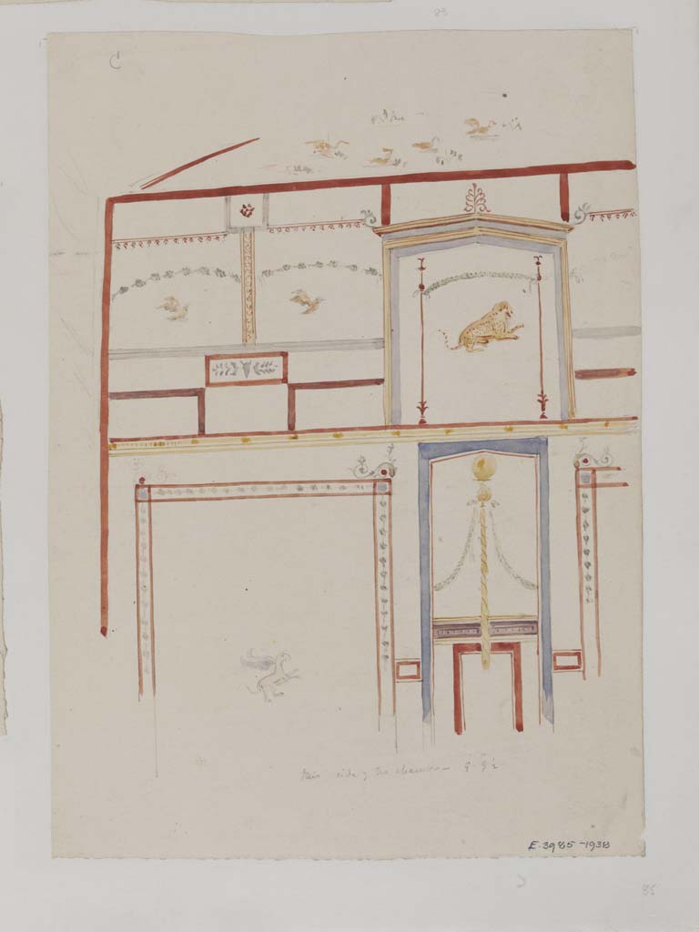 VII.4.31/51 Pompeii. c.1840. Watercolour painting by James William Wild, looking towards a vaulted wall in cubiculum 33.
Photo © Victoria and Albert Museum, inventory number E.3985-1938.
(Note: according to PPM, this is showing the north wall of the cubiculum, the one with the circular window at the top of the wall.
However, as James William Wild did not show a window, one assumes this could be the other vaulted wall at the south end.)
See Carratelli, G. P., 1990-2003. Pompei: Pitture e Mosaici, 6. Roma: Istituto della enciclopedia italiana, p.1097, and fig. 148).