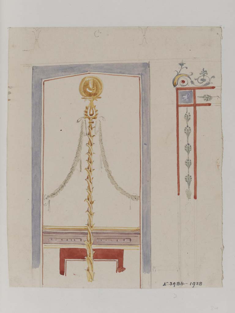 VII.4.31/51 Pompeii. c.1840.
Watercolour painting by James William Wild, showing detail of central globe and top of side panels on vaulted wall of cubiculum 33.
Photo © Victoria and Albert Museum, inventory number E.3984-1938.