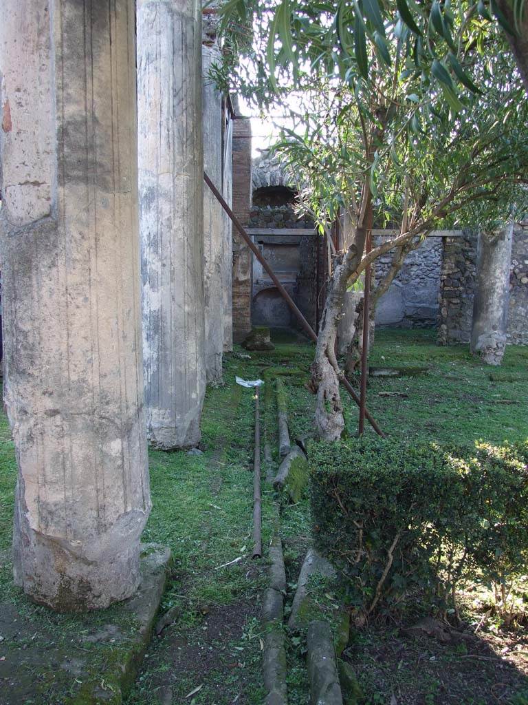 VII.4.31/51 Pompeii. March 2009.
Looking west along gutter of north peristyle garden towards rooms 39 and 40.
