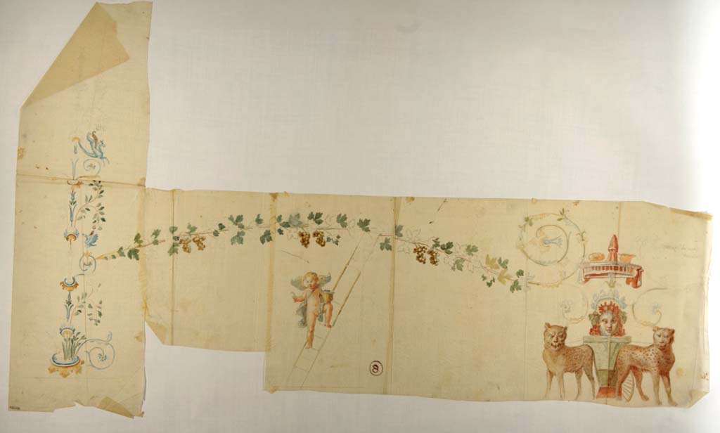 VII.4.31/51 Pompeii. Painting by Antonio Ala, of decoration in atrium, now completely perished.
This painting remains the only precious documentation of the walls of the atrium, together with Helbig’s description.
See Helbig, W., 1868. Wandgemälde der vom Vesuv verschütteten Städte Campaniens. Leipzig: Breitkopf und Härtel, (595).
Now in Naples Archaeological Museum. Inventory number ADS 596.
Photo © ICCD. http://www.catalogo.beniculturali.it
Utilizzabili alle condizioni della licenza Attribuzione - Non commerciale - Condividi allo stesso modo 2.5 Italia (CC BY-NC-SA 2.5 IT)