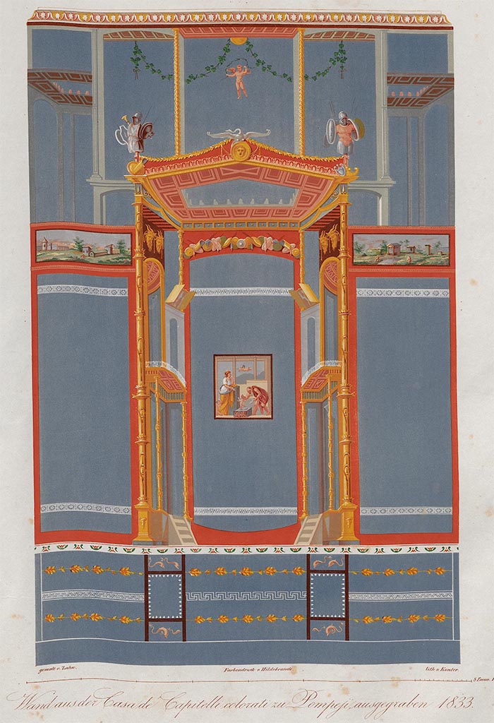 VII.4.31/51 Pompeii. 1833.
Room 18, painting by Zahn from south wall of exedra, opposite the beautiful painting of Venus and Adonis.
He described it as belonging to one of the most beautiful walls of Pompeii, and particularly distinguished by its architectural arrangement.
See Zahn, W., 1842-44. Die schönsten Ornamente und merkwürdigsten Gemälde aus Pompeji, Herkulanum und Stabiae: II. Berlin: Reimer, (pl.24).