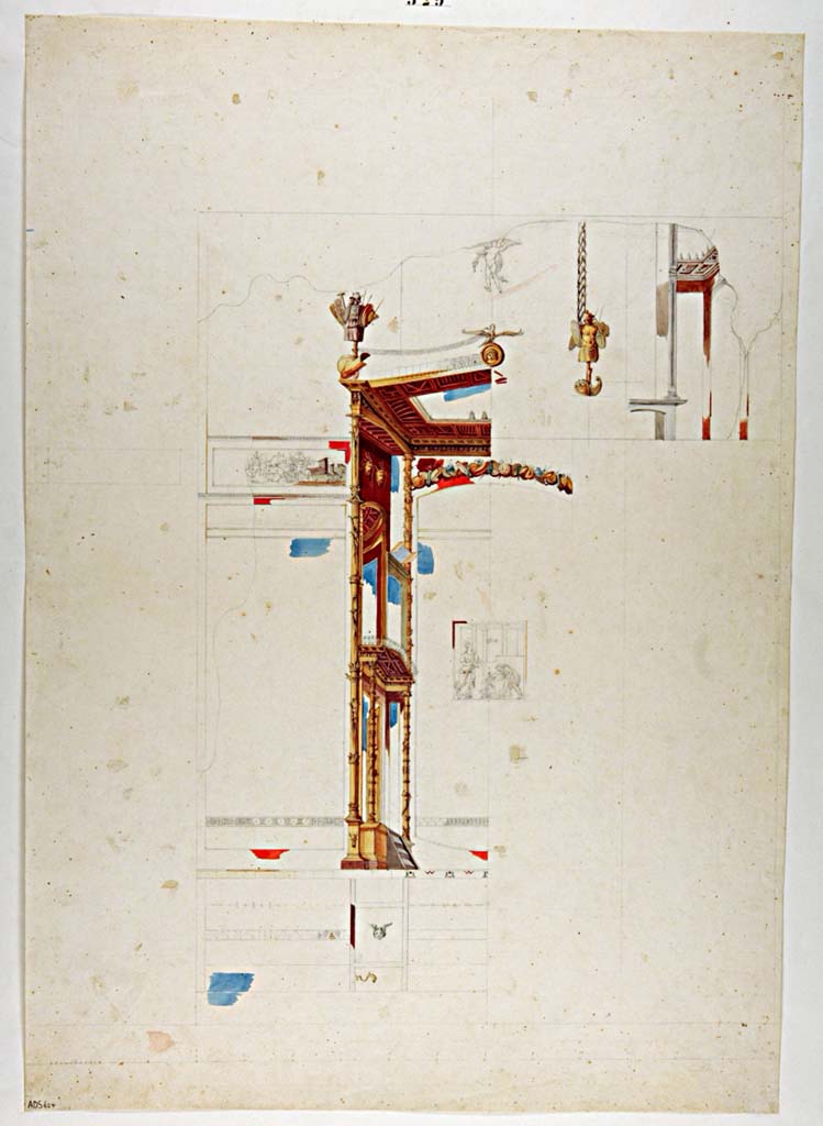 VII.4.31/51 Pompeii. Room 18, south wall of exedra. Drawing of east side of central area of south wall, by Antonio Ala.
The central painting would have been the Sale of Cupids.
See Helbig, W., 1868. Wandgemälde der vom Vesuv verschütteten Städte Campaniens. Leipzig: Breitkopf und Härtel, (825).
Now in Naples Archaeological Museum. Inventory number ADS 624.
Photo © ICCD. https://www.catalogo.beniculturali.it/
Utilizzabili alle condizioni della licenza Attribuzione - Non commerciale - Condividi allo stesso modo 2.5 Italia (CC BY-NC-SA 2.5 IT)