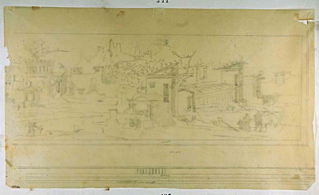 VII.4.31/51 Pompeii.
Room 18, south wall of exedra. Drawing of panel with architectural landscape from upper central area of south wall, by Antonio Ala.
Now in Naples Archaeological Museum. Inventory number ADS 662.
Photo © ICCD. https://www.catalogo.beniculturali.it/
Utilizzabili alle condizioni della licenza Attribuzione - Non commerciale - Condividi allo stesso modo 2.5 Italia (CC BY-NC-SA 2.5 IT)