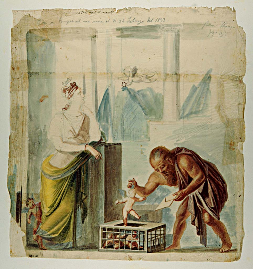VII.4.31/51 Pompeii. Room 18, south wall of exedra. Painting by Giuseppe Marsigli made 24th February 1833 in the new excavation.
Now in Naples Archaeological Museum. Inventory number ADS 625.
Photo © ICCD. http://www.catalogo.beniculturali.it
Utilizzabili alle condizioni della licenza Attribuzione - Non commerciale - Condividi allo stesso modo 2.5 Italia (CC BY-NC-SA 2.5 IT)