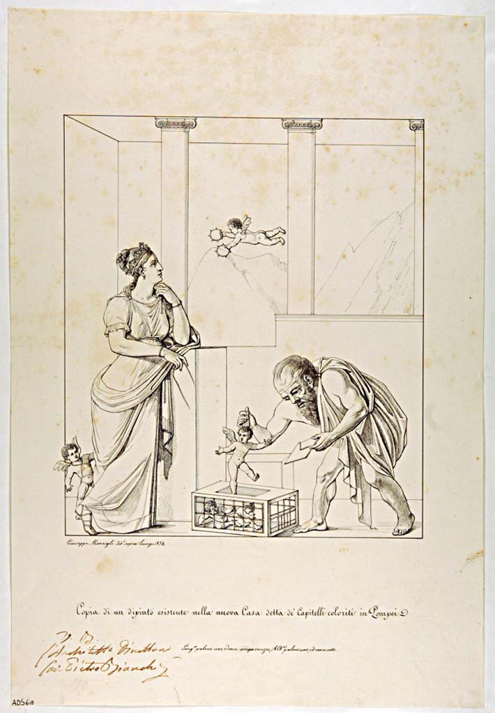 VII.4.31/51 Pompeii. Room 18, south wall of exedra. Copy by Giuseppe Marsigli, 1834, of a painting existing in the new house called of the Coloured Capitals.
Now in Naples Archaeological Museum. Inventory number ADS 618.
Photo © ICCD. http://www.catalogo.beniculturali.it
Utilizzabili alle condizioni della licenza Attribuzione - Non commerciale - Condividi allo stesso modo 2.5 Italia (CC BY-NC-SA 2.5 IT)