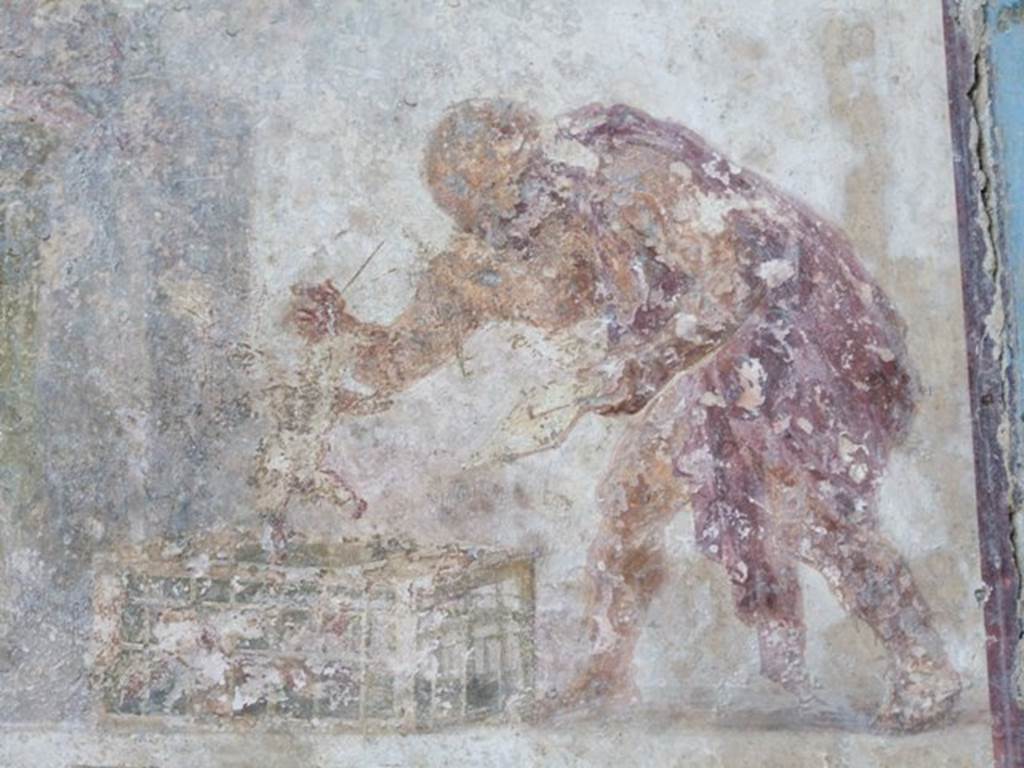 VII.4.31 Pompeii. March 2009. Room 18. Exedra. The figure is shown lifting one of his cupids from its cage for sale.