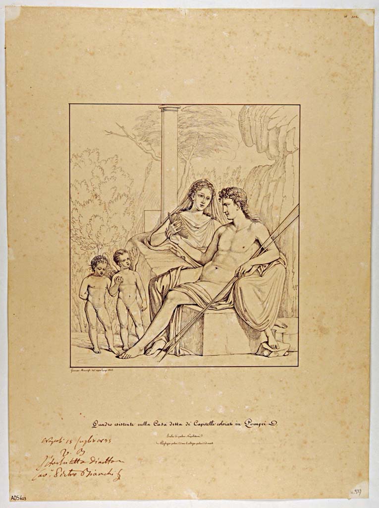 VII.4.31/51 Pompeii. Room 18, north wall of exedra. Drawing by Giuseppe Marsigli, 1835, of painting of Adonis and Aphrodite.
Now in Naples Archaeological Museum. Inventory number ADS 623.
Photo © ICCD. http://www.catalogo.beniculturali.it
Utilizzabili alle condizioni della licenza Attribuzione - Non commerciale - Condividi allo stesso modo 2.5 Italia (CC BY-NC-SA 2.5 IT)
See Helbig, W., 1868. Wandgemälde der vom Vesuv verschütteten Städte Campaniens. Leipzig: Breitkopf und Härtel, (329).