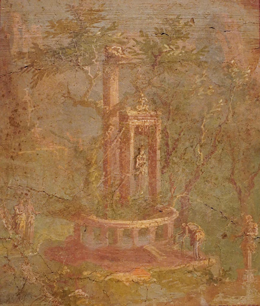VII.4.31/51 Pompeii. Room 21, south wall of triclinium. Painting of sacred landscape.
Now in Naples Archaeological Museum. Inventory number 9486.
Our thanks to Rachel Lowder for helping with this.
