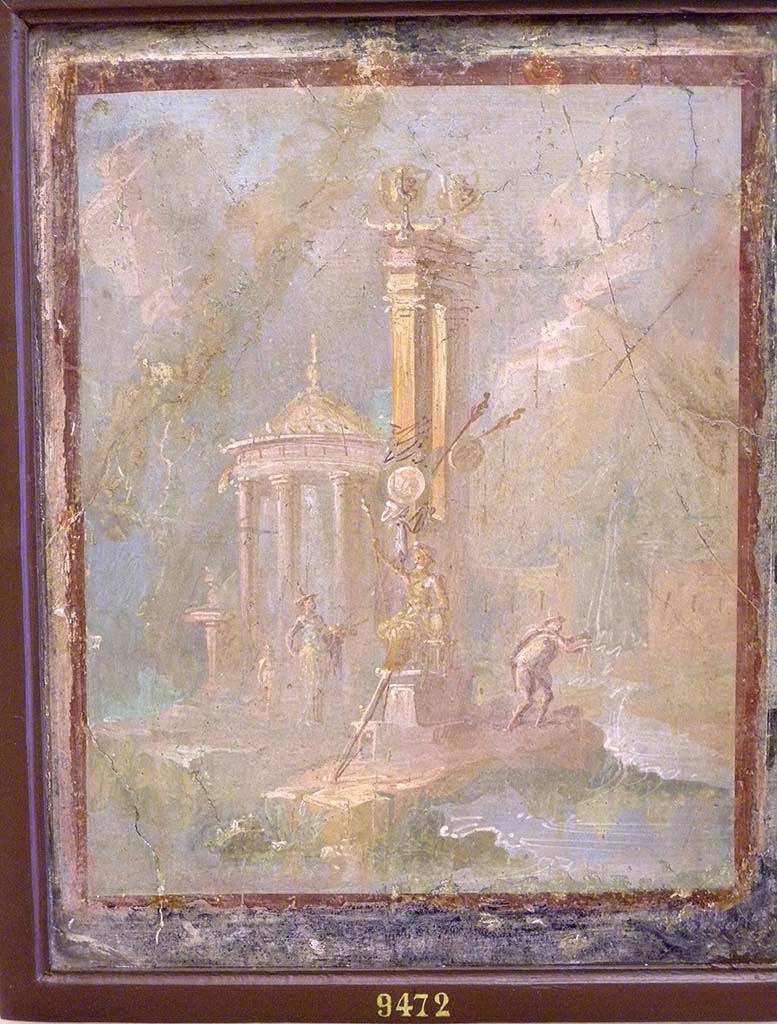 VII.4.31/51 Pompeii. Room 21, south wall of triclinium. Sacred landscape painting with seated figure, tholos and tall architectural feature with two golden urns on top..
Now in Naples Archaeological Museum. Inventory number 9472.