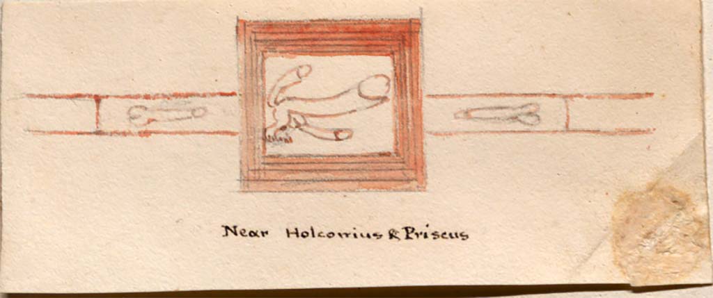 VII.4.32 Pompeii. Drawing by Gell of phalli from the fa�ade of the shop, near the entrance and inscription for Holconius and Priscus.
See Gell, W. Pompeii unpublished [Dessins de l'�dition de 1832 donnant le r�sultat des fouilles post 1819 (?)] vol II, pl. 92 verso.
Biblioth�que de l'Institut National d'Histoire de l'Art, collections Jacques Doucet, Identifiant num�rique Num MS180 (2).
See book in INHA Use Etalab Licence Ouverte

