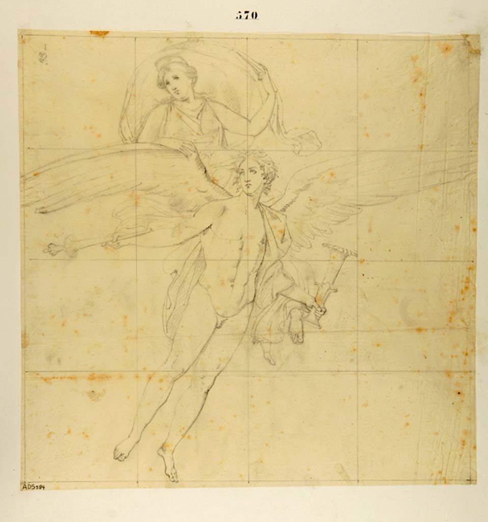 VII.4.48 Pompeii.
Drawing attributed to Antonio Ala of painting of Phosphorus and Aurora, from the north end of the east wall of the tablinum.
This same painting is shown in Museo Borbonico XII, Tav. IV, with N. La Volpe shown as the artist.
See Helbig, W., 1868. Wandgemälde der vom Vesuv verschütteten Städte Campaniens. Leipzig: Breitkopf und Härtel. (1953)
Now in Naples Archaeological Museum. Inventory number ADS 584.
Photo © ICCD. https://www.catalogo.beniculturali.it/
Utilizzabili alle condizioni della licenza Attribuzione - Non commerciale - Condividi allo stesso modo 2.5 Italia (CC BY-NC-SA 2.5 IT)