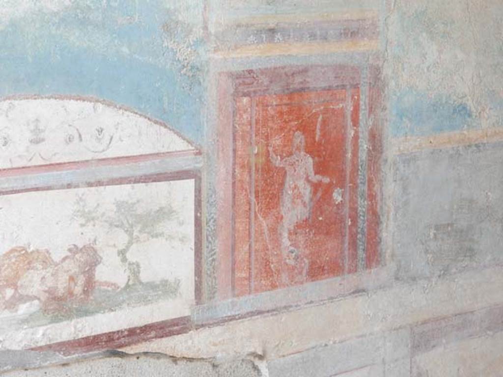 VII.4.48 Pompeii. May 2015. Room 11, detail from east wall of tablinum.
Photo courtesy of Buzz Ferebee.