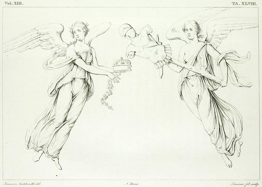 VII.4.48 Pompeii. Pre 1843. Drawing by Gennaro Maldarelli of two floating figures.
Room 11, the one on the right from the south end of the east wall of the tablinum.
The one on the left from the south end of the west wall in the tablinum.
See Real Museo Borbonico, vol. XIII (13), 1843, Tav. XLVIII (48).