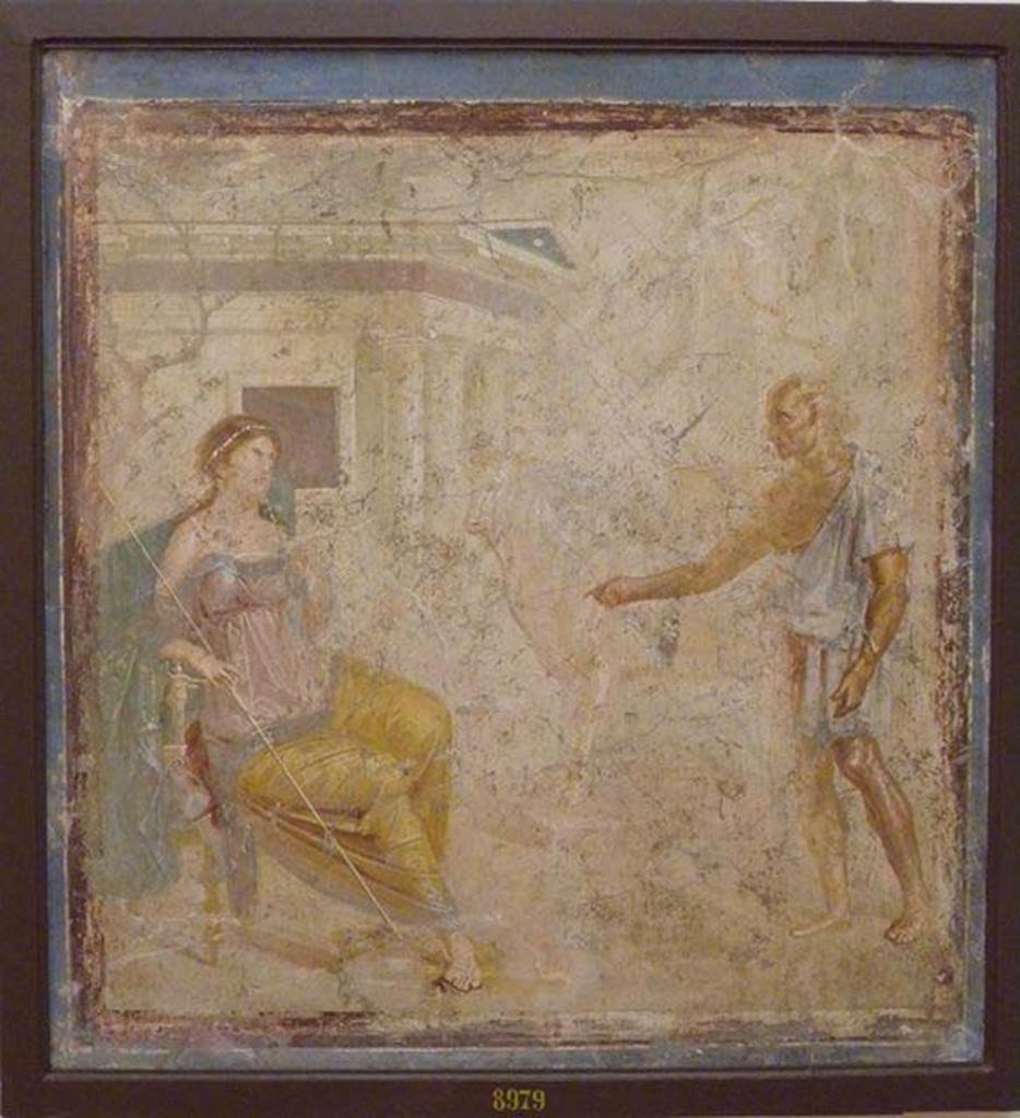 VII.4.48 Pompeii. Room 11, wall painting from centre of west wall.
Wall painting of Daedalus showing Pasiphae the wooden cow.
Now in Naples Archaeological Museum. Inventory number 8979.