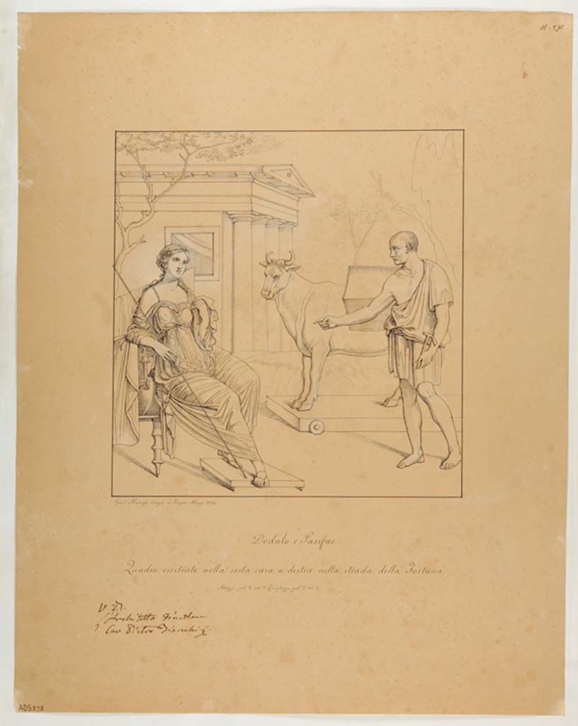 VII.4.48 Pompeii. Room 11, wall painting from centre of west wall.
Drawing by Giuseppe Marsigli, March 1834, of painting of Daedalus and Pasiphae.
Now in Naples Archaeological Museum. Inventory number ADS 578.
Photo © ICCD. https://www.catalogo.beniculturali.it/
Utilizzabili alle condizioni della licenza Attribuzione - Non commerciale - Condividi allo stesso modo 2.5 Italia (CC BY-NC-SA 2.5 IT)
See Helbig, W., 1868. Wandgemälde der vom Vesuv verschütteten Städte Campaniens. Leipzig: Breitkopf und Härtel. (1206).
According to Helbig, an allegedly identical painting was found on the entrance pillar of VI.7.9.
See Helbig, W., 1868. Wandgemälde der vom Vesuv verschütteten Städte Campaniens. Leipzig: Breitkopf und Härtel. (1207).
This painting was also copied by N. La Volpe, and reproduced in MB XIV, tav.1.
See Real Museo Borbonico XIV, Ta. 1.