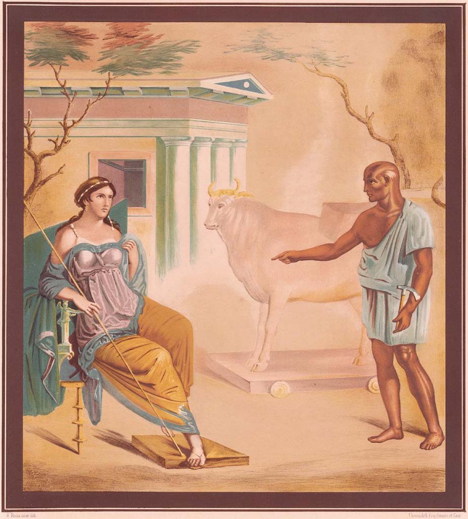 VII.4.48 Pompeii. 1846 painting by H. Roux of a painting of Daedalus showing Pasiphae the wooden cow.
See Raoul-Rochette M., 1846. Choix de Peintures de Pompei. Paris : L’Imprimerie Royale, pl. 13.