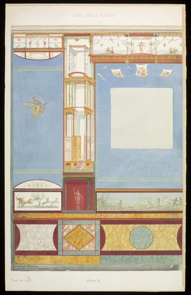 VII.4.48 Pompeii. 1899.
Watercolour by Luigi Bazzani, looking towards west wall at south end.
(Note: the panel in the predella (on the left) with the stag hunt scene is the painted panel that is actually at the north end).
Photo © Victoria and Albert Museum. Inventory number 2029-1900.
