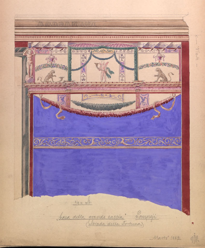 VII.4.48 Pompeii. March 1882. Room 11, painting by Hector Estrup (1854-1904) of upper west wall in south-west corner.
(The same painting appeared in all four upper corners of the east and west wall of the room).
See Skitsebog Hector Estrup (1854-1904) Italiensrejse 1882, pl. 12.
© Danmarks Kunstbibliotek, inventory number 52694.
http://kunstbib.dk/en/collections/sketchbooks/sketchbooks/000036205