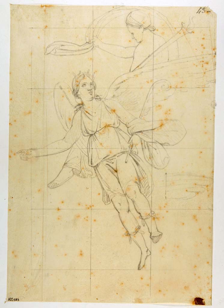 VII.4.48 Pompeii.
Anonymous drawing from north end of west wall of tablinum, of Hesperus and Diana-Luna.
Now in Naples Archaeological Museum. Inventory number ADS 583.
Photo © ICCD. https://www.catalogo.beniculturali.it/
Utilizzabili alle condizioni della licenza Attribuzione - Non commerciale - Condividi allo stesso modo 2.5 Italia (CC BY-NC-SA 2.5 IT)
A panel printed in Museo Borbonico XII, Tav. V, and signed by La Volpe, is very similar to this.
See Helbig, W., 1868. Wandgemälde der vom Vesuv verschütteten Städte Campaniens. Leipzig: Breitkopf und Härtel, 1953.