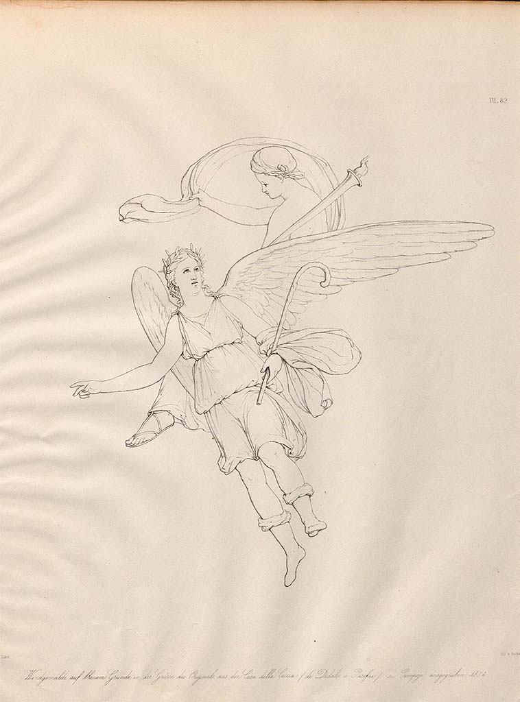 VII.4.48 Pompeii. Pre-December 1858.
Drawing by Zahn of floating group found at north end of west wall of tablinum.
See Zahn, W., 1852-59. Die schönsten Ornamente und merkwürdigsten Gemälde aus Pompeji, Herkulanum und Stabiae: III. Berlin: Reimer, taf. 82.