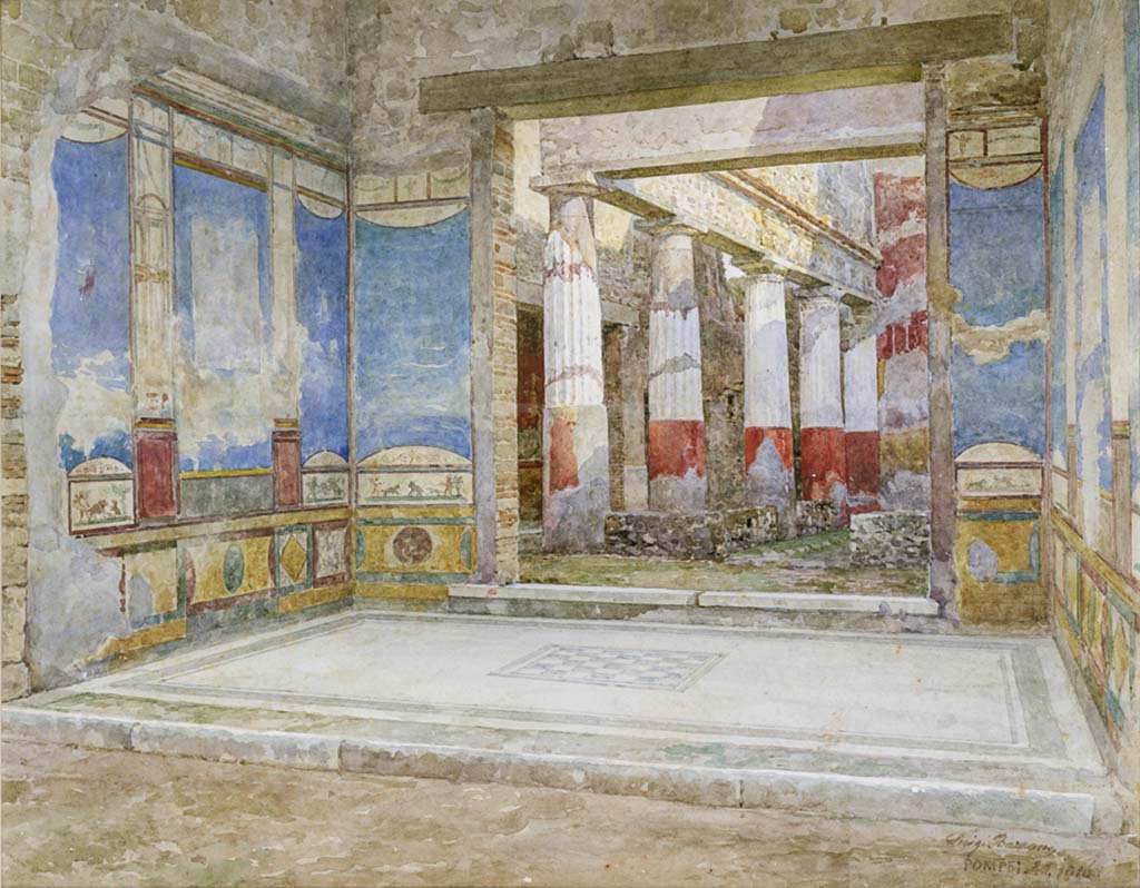 VII.4.48 Pompeii. c.1916? Watercolour by Luigi Bazzani, looking south from atrium across tablinum towards portico area.