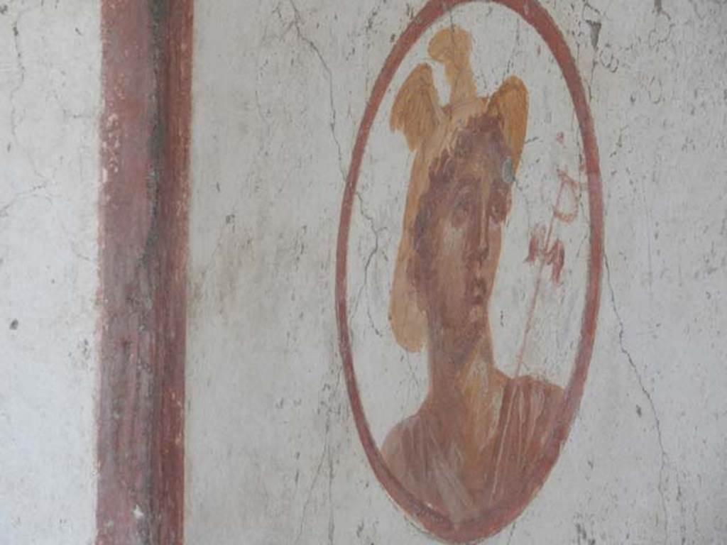 VII.4.48 Pompeii. May 2015. Room 14, medallion with painting of Hermes or Mercury, on north wall of cubiculum at west end. Photo courtesy of Buzz Ferebee.