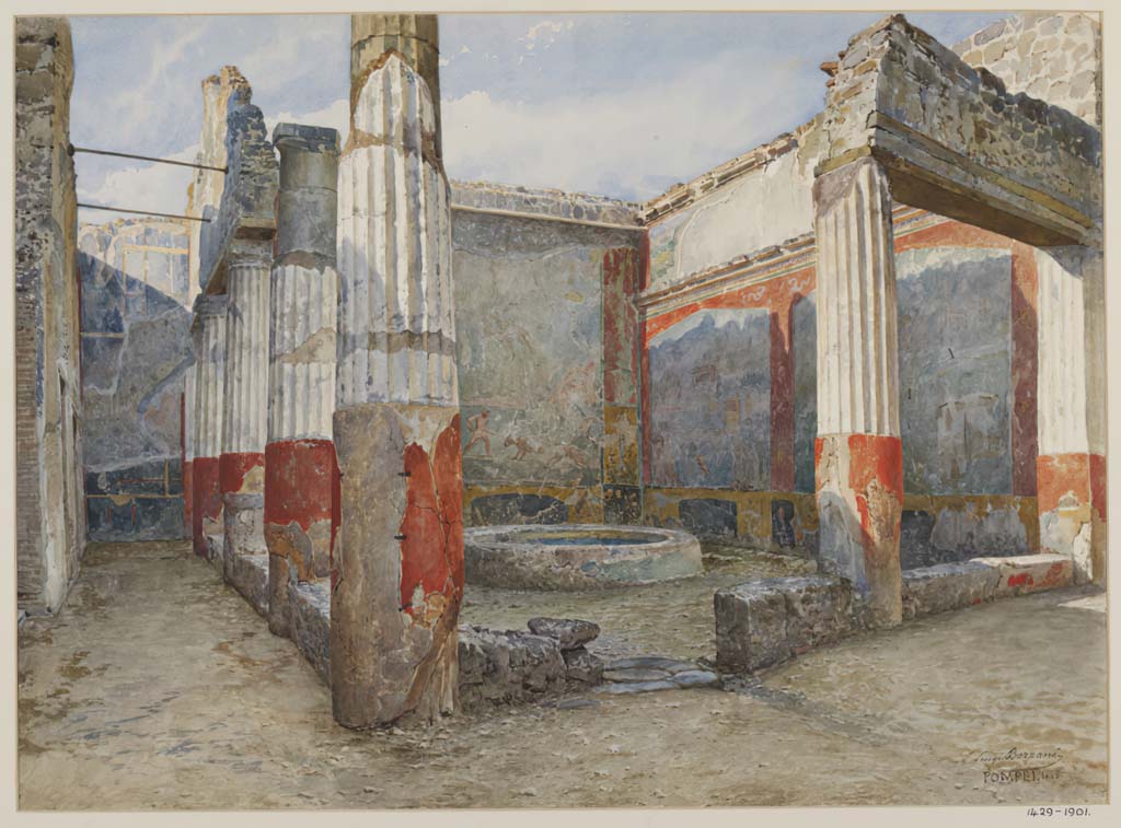 VII.4.48 Pompeii. c.1889? Watercolour by Luigi Bazzani, looking south-west across peristyle garden.
Photo � Victoria and Albert Museum. Inventory number 1429-1901.
