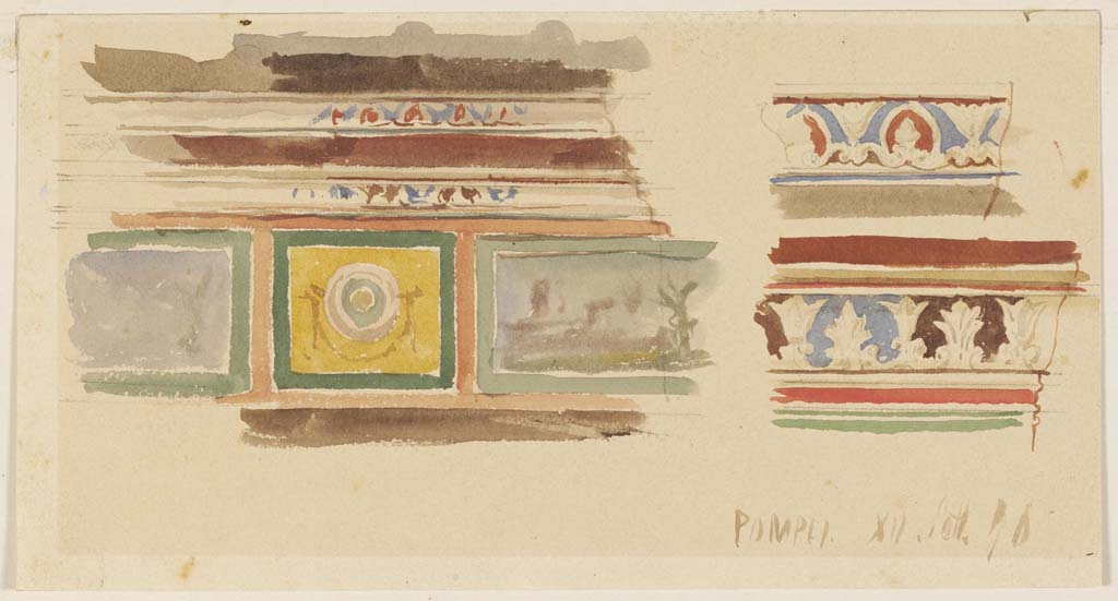 VII.4.48 Pompeii. 12th September 1876. Watercolour by Luigi Bazzani from peristyle. Detail of stucco on upper west wall at south end, on right.
Photo � Victoria and Albert Museum. Inventory number 2046-1900.

