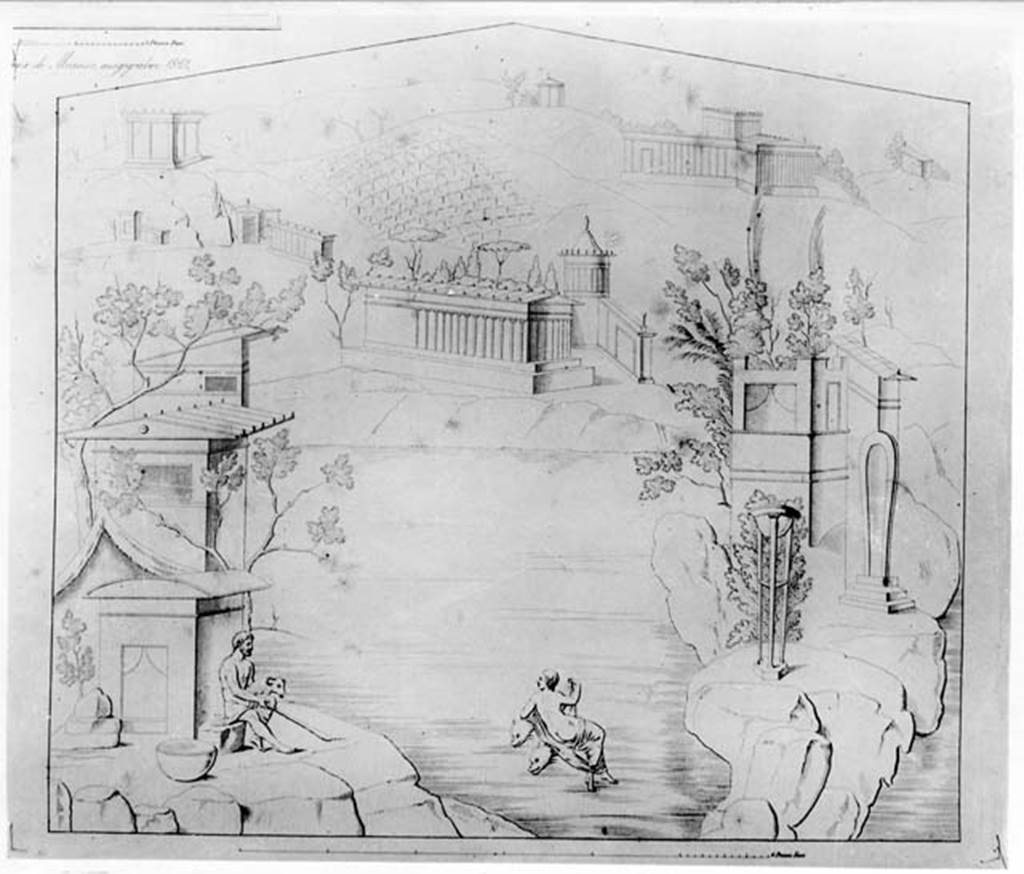 VI.4.48 Pompeii. W.24. Drawing of wall painting of Polyphemus and Galatea, which would have been seen on the south end of the west wall.
See Helbig, W., 1868. Wandgem�lde der vom Vesuv versch�tteten St�dte Campaniens. Leipzig: Breitkopf und H�rtel, (1043).
Photo by Tatiana Warscher. Photo � Deutsches Arch�ologisches Institut, Abteilung Rom, Arkiv. 
See Zahn, W., 1852. Die sch�nsten Ornamente und merkw�rdigsten Gem�lde aus Pompeji, Herkulanum und Stabiae: III. Berlin: Reimer, (pl.48, pre-October 1852). 

