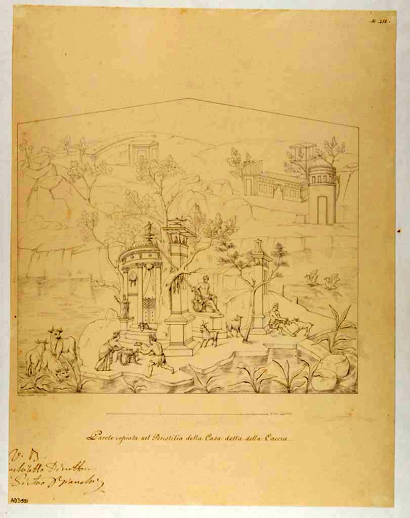 VII.4.48 Pompeii. Drawing by Giuseppe Abbate, 1835, of a painting copied from a wall in the peristyle. 
The scene from the upper north end of west wall showed a sacred landscape, edged with a red border, but is now faded and lost.
Cows, a priestess making an offering in front of a tholos, a statue of Apollo, and a shepherd with goats would have been seen.
See Helbig, W., 1868. Wandgem�lde der vom Vesuv versch�tteten St�dte Campaniens. Leipzig: Breitkopf und H�rtel. (1555).
Now in Naples Archaeological Museum. Inventory number ADS 591.
Photo � ICCD. https://www.catalogo.beniculturali.it/
Utilizzabili alle condizioni della licenza Attribuzione - Non commerciale - Condividi allo stesso modo 2.5 Italia (CC BY-NC-SA 2.5 IT)
