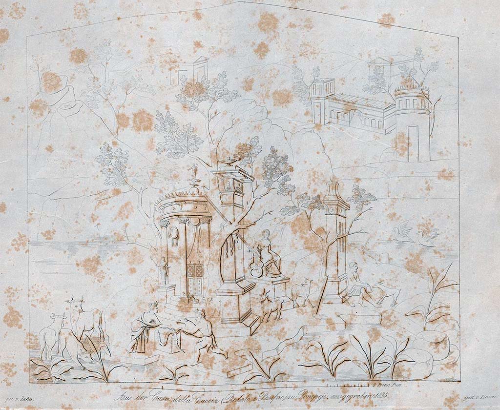VII.4.48 Pompeii. 1834.  Drawing by Zahn of painting found on a wall on the right side of the peristyle at the rear.
It represents a historical landscape, with buildings, sacrifices, etc.
Most of the buildings are reddish: the small temple in the foreground is white with reddish shadows and yellow decorations; the figure of the woman occupied with the sacrifice has a purple drapery.
See Zahn, W., 1842-44. Die sch�nsten Ornamente und merkw�rdigsten Gem�lde aus Pompeji, Herkulanum und Stabiae: II. Berlin: Reimer, taf. 60.
