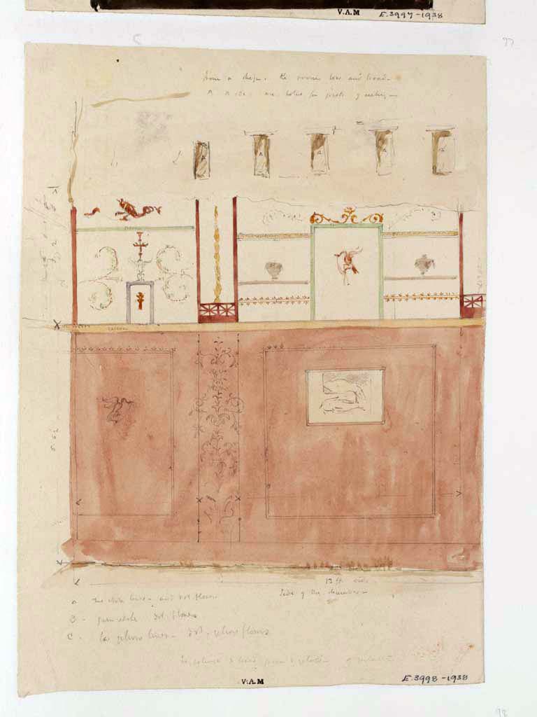 VII.4.49 Pompeii. c.1840’s. Painting/sketch by James William Wild showing a wall in a shop, described by him as –
“the room is low and broad, ‘a to a’ are holes for joists for the ceiling. 13ft wide, side of chamber.
Photo © Victoria and Albert Museum, inventory number E.3998-1938.
Note: the drawing in the centre of the high red zoccolo would appear to be of two fish, the upper one being a cuttlefish.
This would correspond with Fiorelli's description of a painting of a cuttlefish and a red mullet.