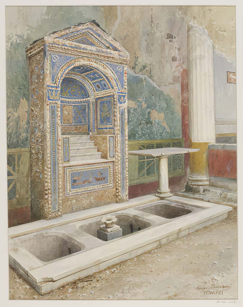 VII.4.56 Pompeii. Undated watercolour by Luigi Bazzani.
Looking south across garden area towards aedicula fountain.
Photo © Victoria and Albert Museum. Inventory number 114-1889.