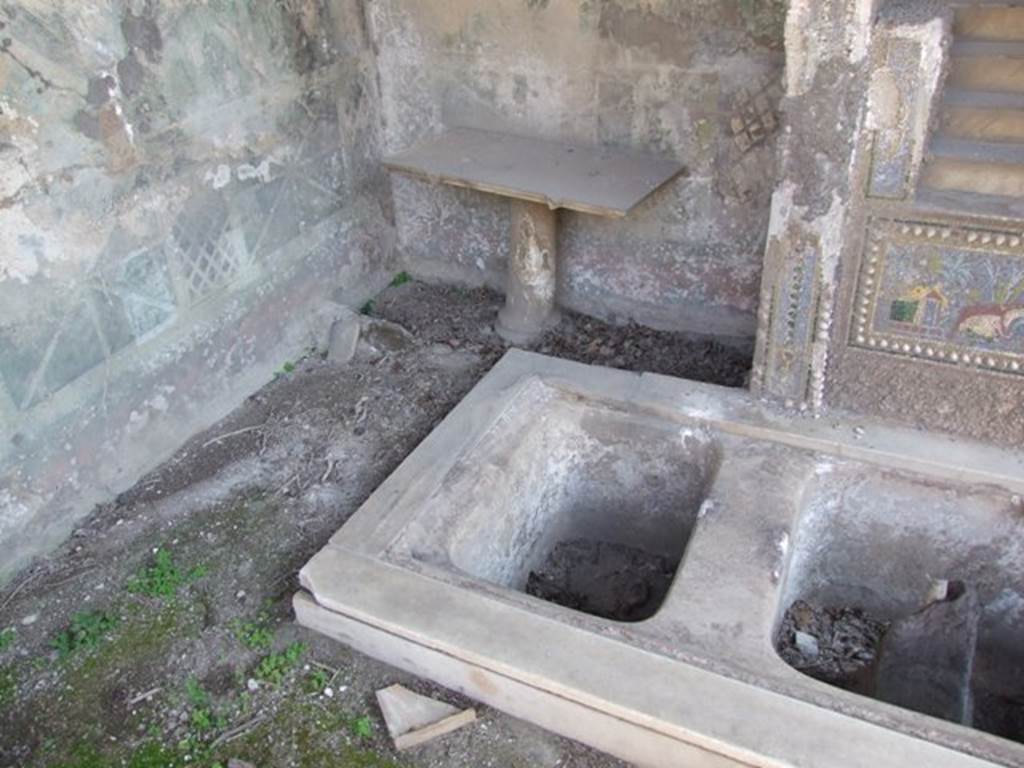 VII.4.56 Pompeii. March 2009. South east corner of Garden area. Garden painting. Garden table, fountain and pool.