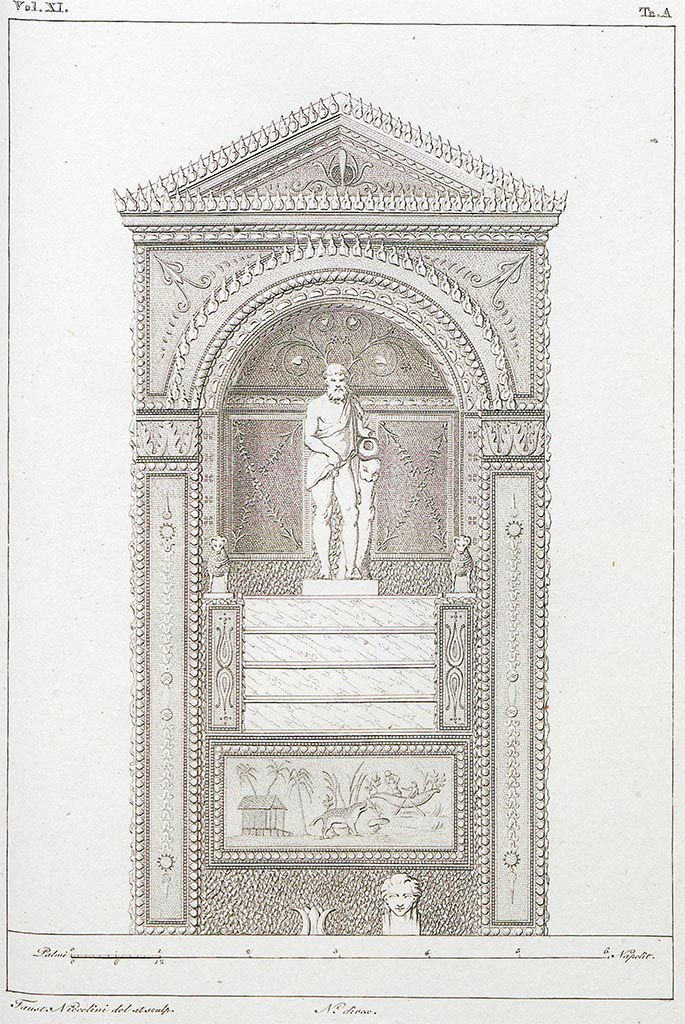 VII.4.56 Pompeii. Pre 1835 drawing by Fausto Niccolini of detail of mosaic and shell fountain.
See Real Museo Borbonico, vol. XI, 1835. Tav. A.