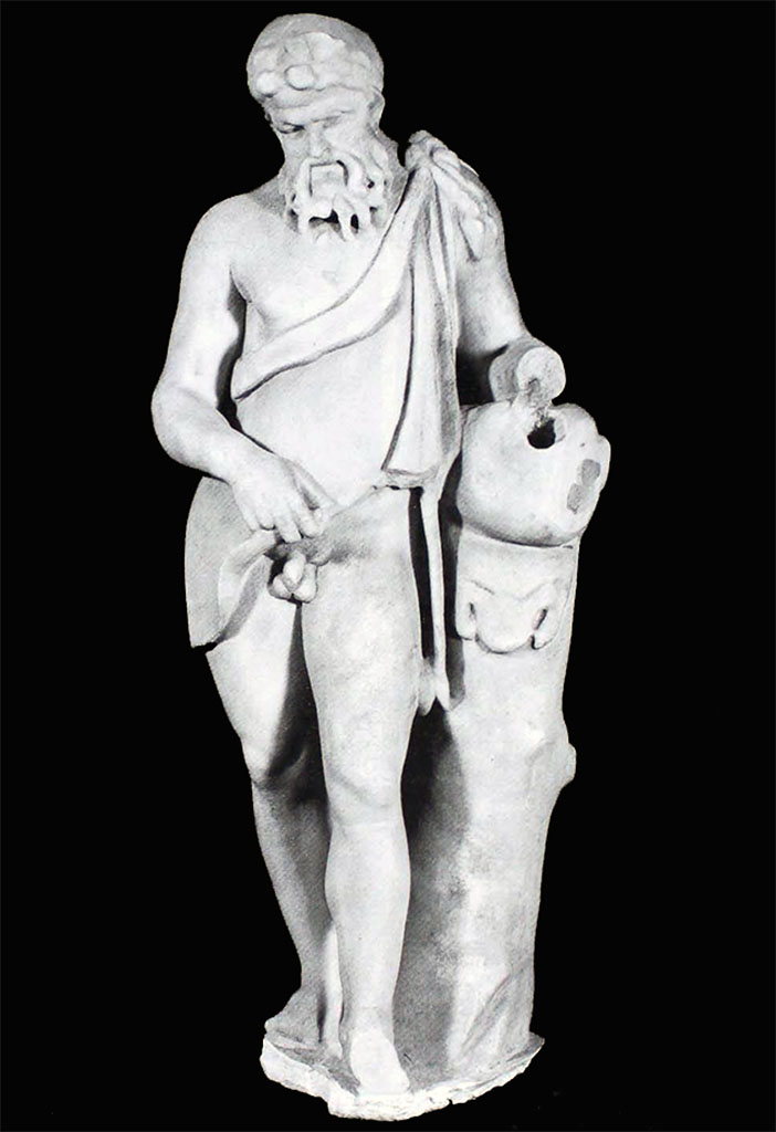 VII.4.56 Pompeii. Small marble statue of Silenus.
Now in Naples Archaeological Museum. Inventory number 6341.
See Carratelli, G. P., 1990-2003. Pompei: Pitture e Mosaici: Vol. VII. Roma: Istituto della enciclopedia italiana, p. 61.
See Dwyer, E. J., 1982. Pompeian Domestic Sculpture. Roma: Giorgio Bretschneider, p. 47 item XXI and Fig. 186.