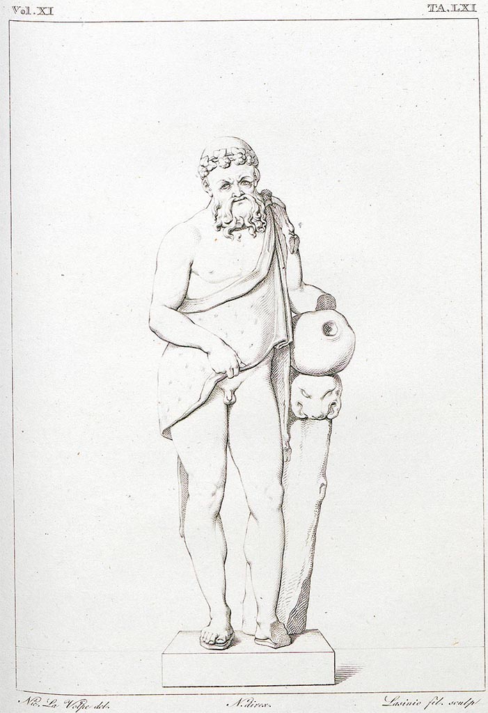VII.4.56 Pompeii. Drawing by La Volpe of small marble statue of Silenus.
See Real Museo Borbonico, vol. XI, 1835. Tav. LXI.
According to RMB –
This statue was around “due palmi e mezzo” (0.66m or 2ft, 2inches) high and was made from colourful glass paste combined with shells.
When found, his left hand was missing and his left foot was broken and missing.
According to Pagano and Prisciandaro –
1st June 1833, found in its niche –
- a small marble statue of Silenus (NAP 6341), and
- two small goats of soft material coloured green (due piccoli caproni di materia tenera colorati di verde) (NAP 123982)
See Pagano, M. and Prisciandaro, R., 2006. Studio sulle provenienze degli oggetti rinvenuti negli scavi borbonici del regno di Napoli. Naples: Nicola Longobardi, (p. 148, and (PAH II, p.273).