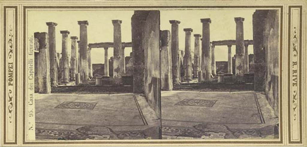 VII.4.57 Pompeii. Stereoview by R. Rive, c.1860-1870’s. Looking south across tablinum towards peristyle, showing original mosaic floor and decorated west wall. Photo courtesy of Rick Bauer.